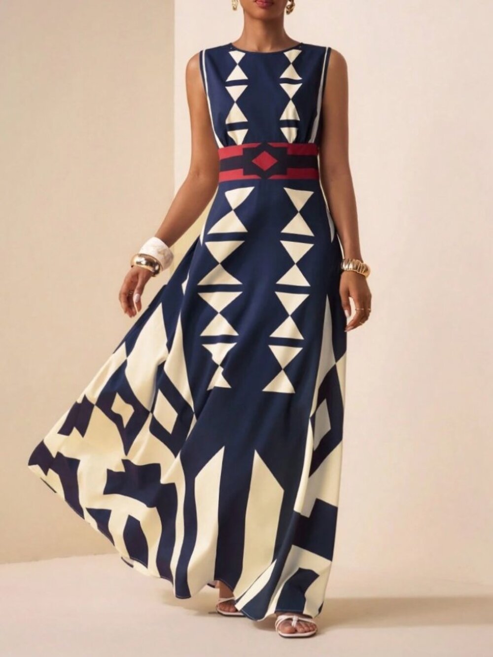 Navy Geometric Print Sleeveless Lightweight Maxi Dress with Contrast Waistband